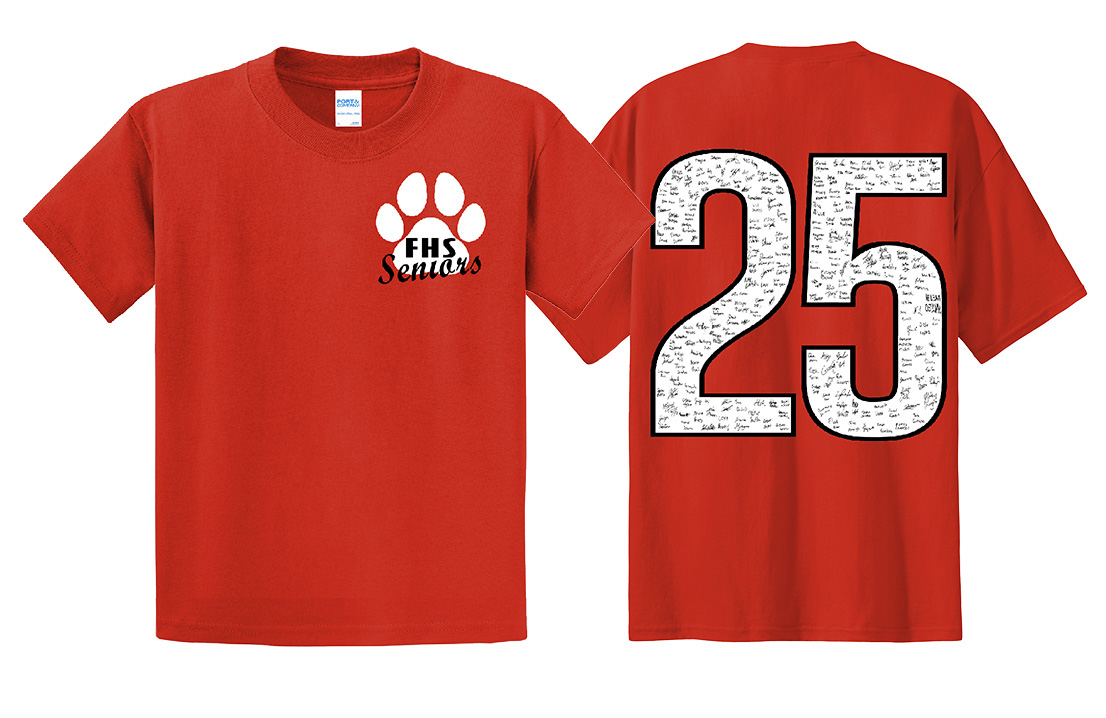 Senior spirit wear design: Red Tee Shirt with all senior names inside large back 25