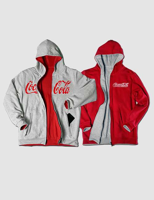 reversible red and gray hoodies with coca cola logo
